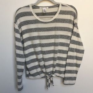 Striped gray and white tie front long sleeve